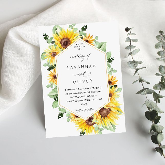 Invitation Tournesol & Eucalyptus MOD Mariage floral - Blanc (Créateur téléchargé)