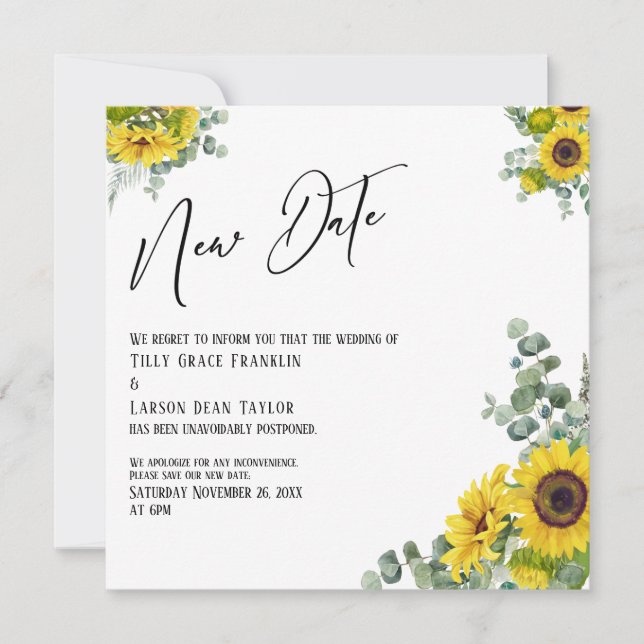 Invitation Tournesol Eucalyptus Nouvelle Date Mariage Faire-p (Devant)