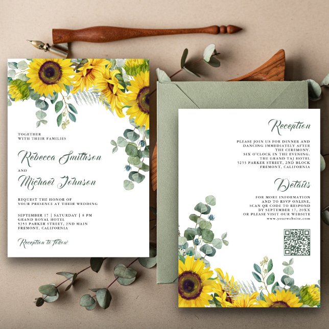 Invitation Tournesol Eucalyptus tout en un Mariage de code QR (Créateur téléchargé)