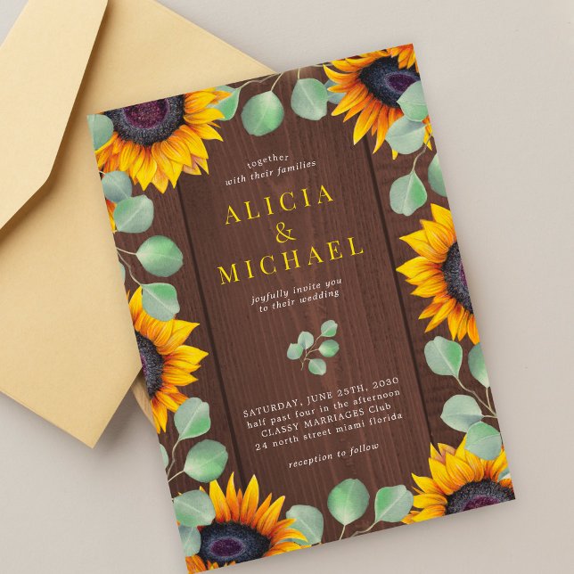 Invitation Tournesol eucalyptus verdure mariage en bois rusti (Créateur téléchargé)