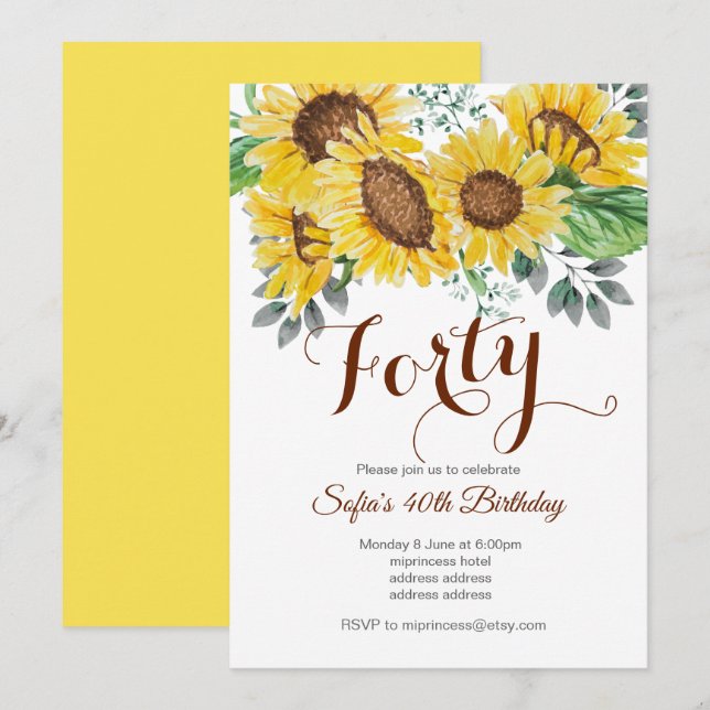 Invitation tournesol, fête d'anniversaire florale (Devant / Derrière)