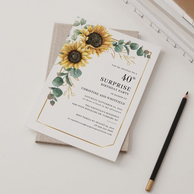 Invitation Tournesol floral Eucalyptus Surprise 40e anniversa (Sunflower Eucalyptus Greenery 40th Birthday Party Invitation)