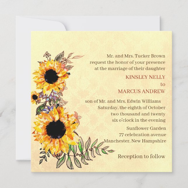 Invitation Tournesol Floral Jaune Rustique Mariage (Devant)