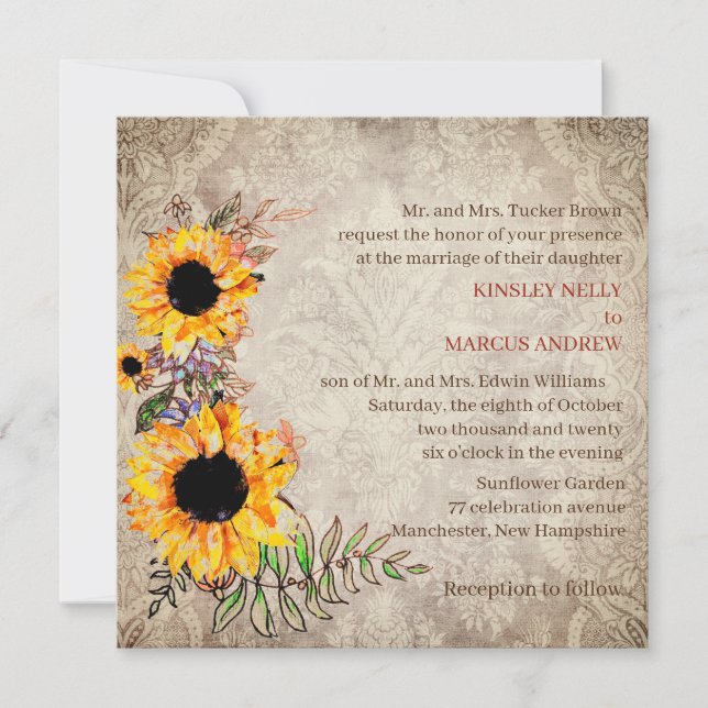 Invitation Tournesol Floral Jaune Rustique Mariage (Devant)