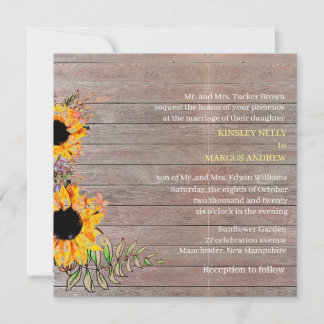 Invitation Tournesol Floral Jaune Rustique Mariage de bois