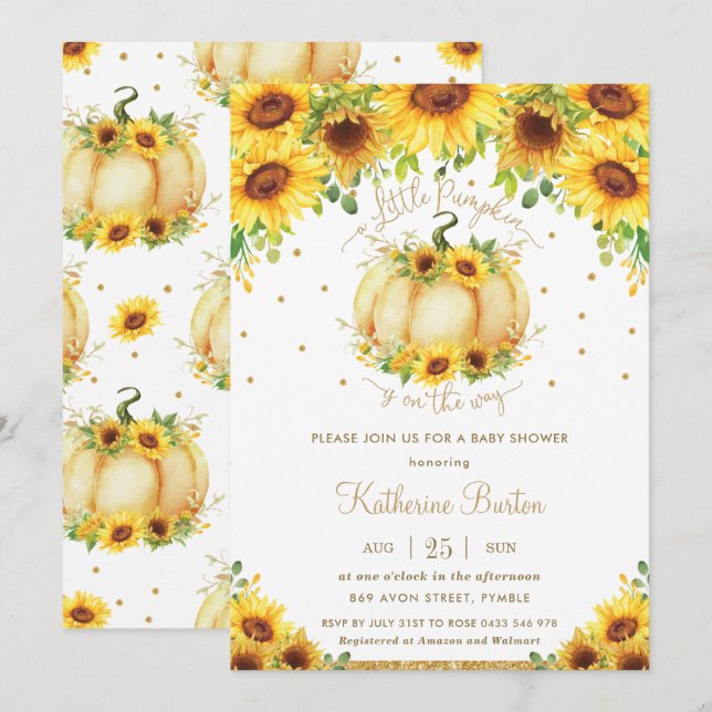 Invitation Tournesol Floral Petite fille Baby shower Citrouil (Devant / Derrière)