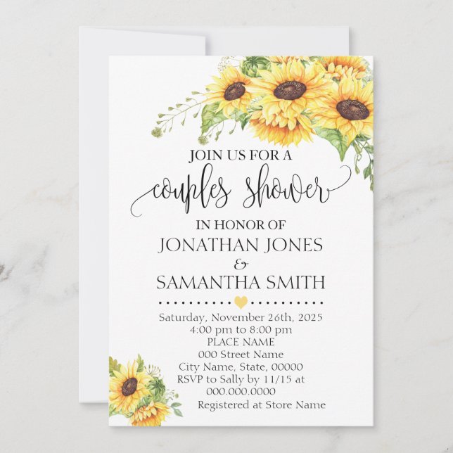 Invitation Tournesol floral romantique boho chic couples douc (Devant)