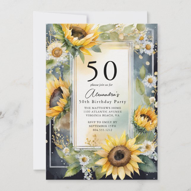 Invitation Tournesol floral rustique Script 50e anniversaire (Devant)