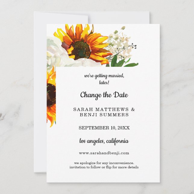 Invitation Tournesol Floral sur Fond Blanc Détails de Changem (Devant)