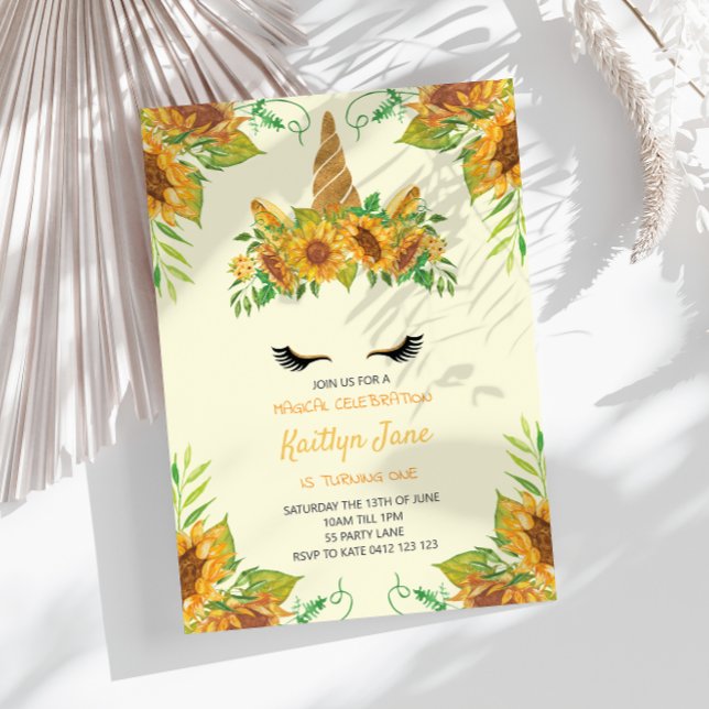 Invitation Tournesol Floral Unicorne Jaune mignonne Filles (Créateur téléchargé)