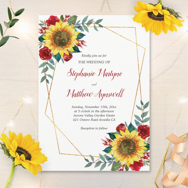 Invitation Tournesol géométrique Roses rouges Mariage floral (Créateur téléchargé)