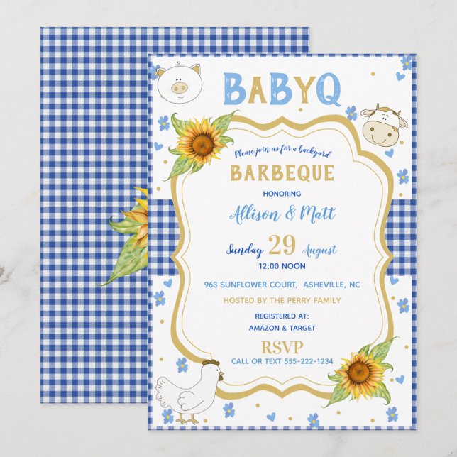 Invitation Tournesol Gingham Bleu Baby Q Barbecue (Devant / Derrière)