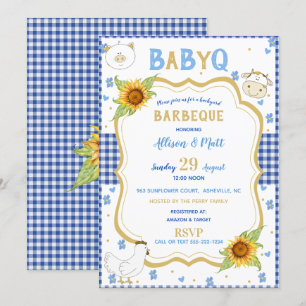Invitation Tournesol Gingham Bleu Baby Q Barbecue