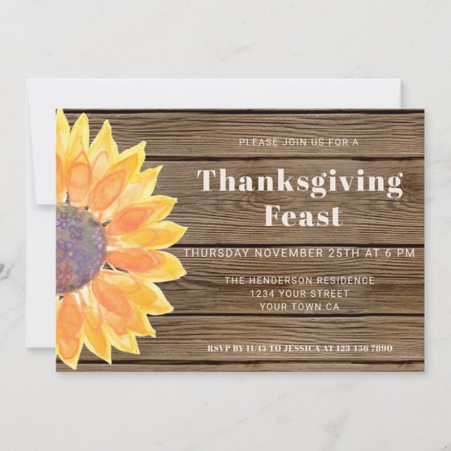 Invitation Tournesol Grange Wood Thanksgiving Dîner Invitatio (Devant)