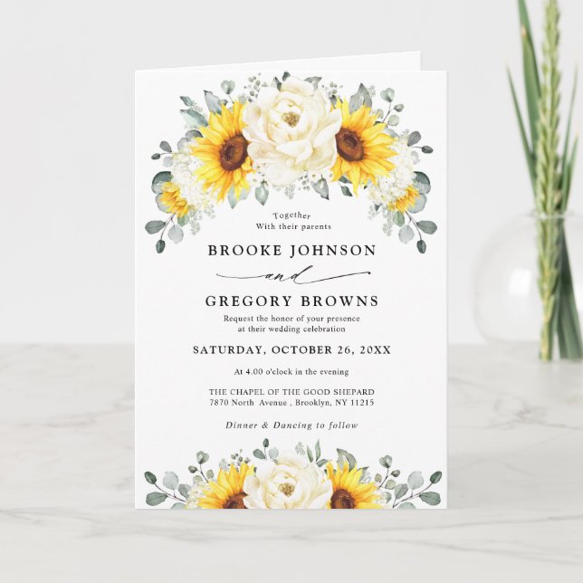 Invitation Tournesol ivoire pivoine Floral Eucalyptus Mariage (Devant)