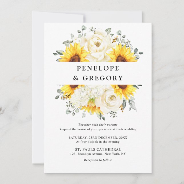 Invitation Tournesol ivoire pivoine Floral Eucalyptus Mariage (Devant)