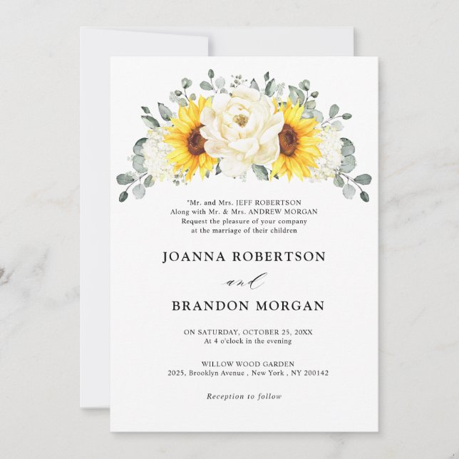 Invitation Tournesol ivoire pivoine Floral Eucalyptus Mariage (Devant)