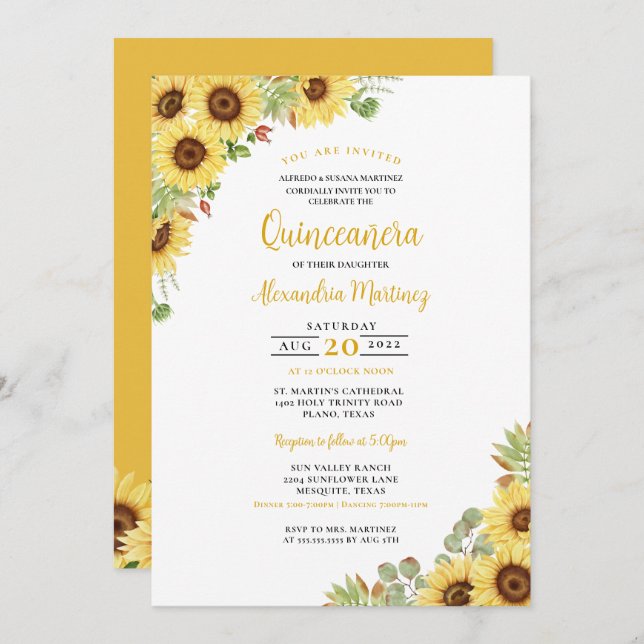 Invitation Tournesol jaune blanc Floral Quinceanera été (Devant / Derrière)