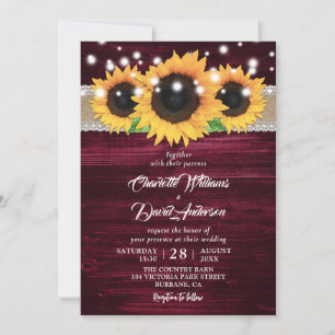 Invitation Tournesol jaune bordeaux Mariage rustique