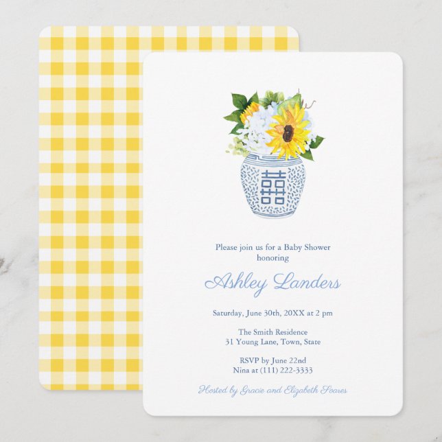 Invitation Tournesol Jaune Country Kitchen Baby shower Party (Devant / Derrière)
