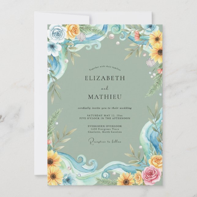 Invitation Tournesol Jaune Eucalyptus Azur Mariage (Devant)