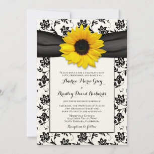 Invitation Tournesol jaune Noir Damas Mariage Floral