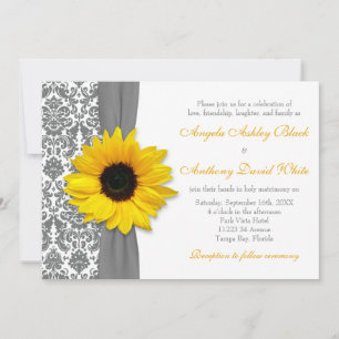 Invitation Tournesol Jaune Pewer Grey Blanc Mariage damassé