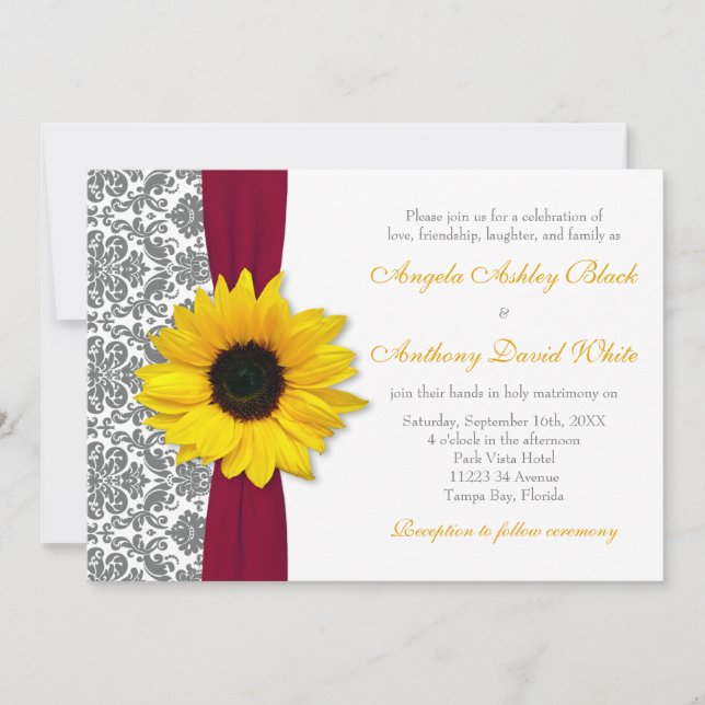 Invitation Tournesol Jaune Pewer Grey Damask Mariage rouge (Devant)