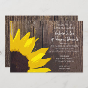 Invitation Tournesol jaune rustique et Mariage en bois de gra