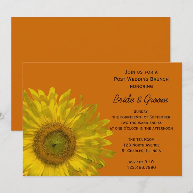Invitation Tournesol jaune sur un brunch nuptial orange après (Devant / Derrière)