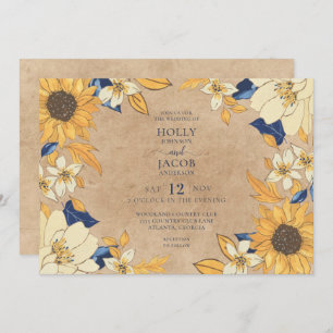 Invitation Tournesol Kraft Rustique Bleu Jaune Mariage Floral