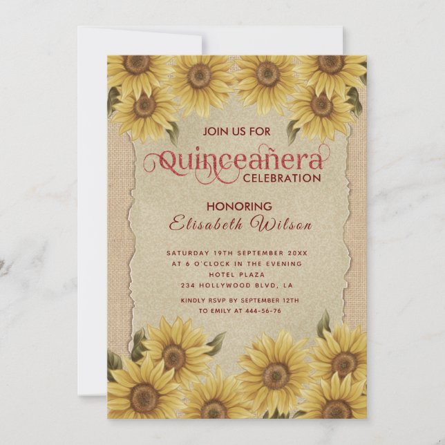 Invitation Tournesol Linen vintage romantique Quinceañera (Devant)