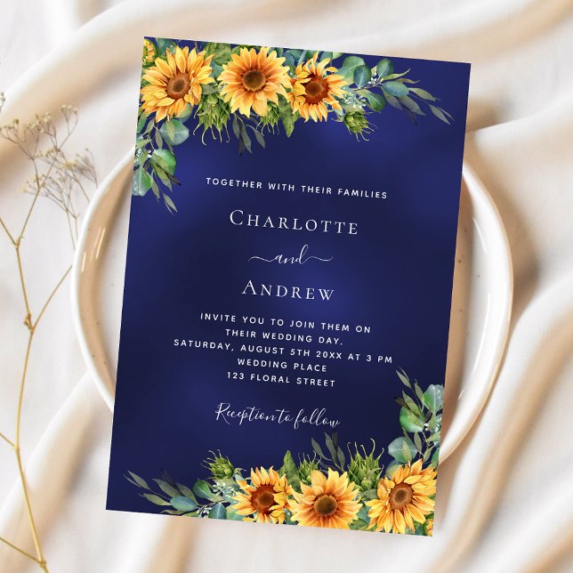 Invitation tournesol mariage bleu marine eucalyptus vert (Créateur téléchargé)