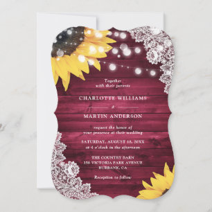 Invitation Tournesol Mariage Floral en Bois Burgundy Dentelle