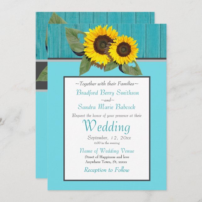 Invitation Tournesol Mariage rustique Turquoise en bois gris  (Devant / Derrière)