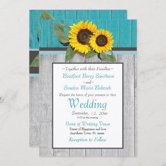 Invitation Tournesol Mariage rustique Turquoise en bois gris 