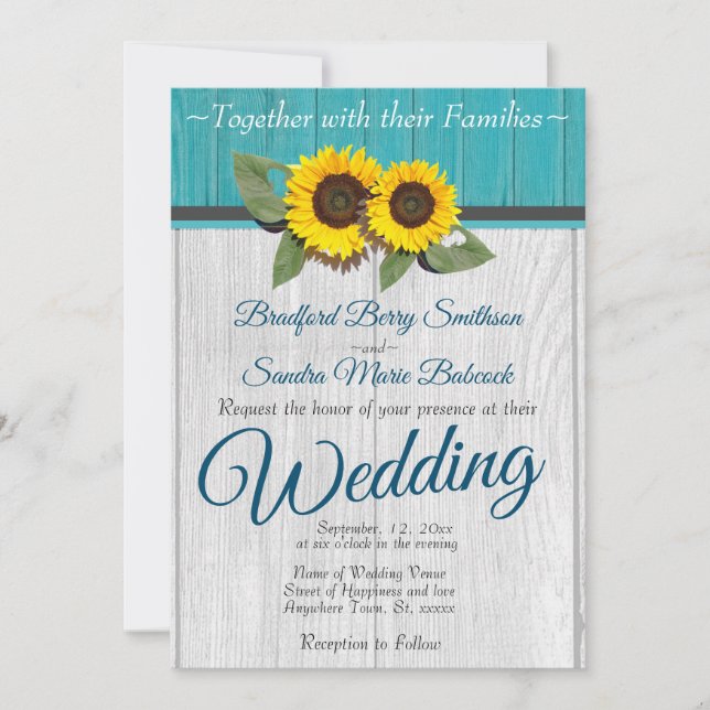 Invitation Tournesol Mariage rustique Turquoise Gris de bois (Devant)