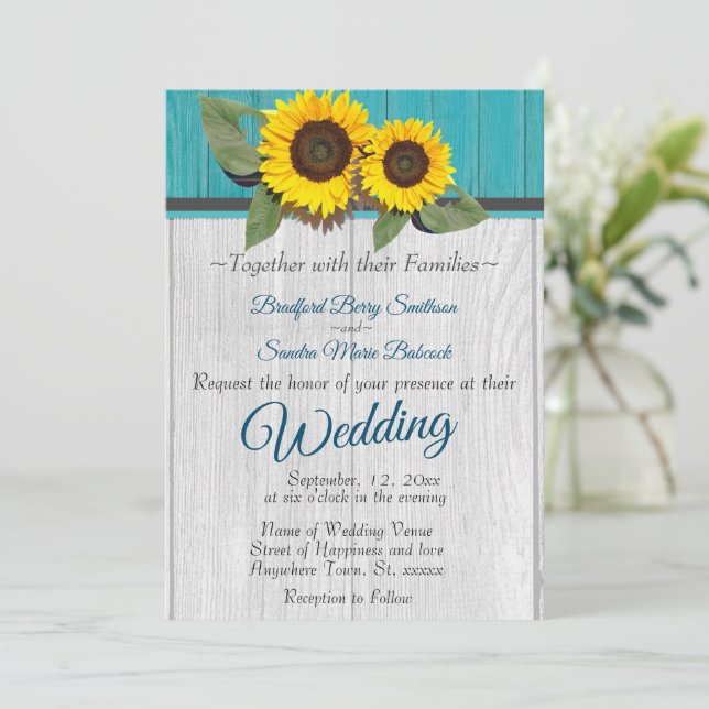 Invitation Tournesol Mariage rustique Turquoise Gris de bois (Debout devant)