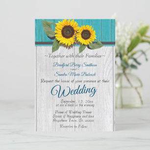Invitation Tournesol Mariage rustique Turquoise Gris de bois