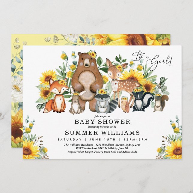 Invitation Tournesol moderne Bois Animaux Baby shower fille (Devant / Derrière)