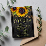 Invitation Tournesol or pays grange bois soixante fabuleux<br><div class="desc">Soirée rustique de soixantième anniversaire de pays modèle d'invitation élégante sur bois de grange brun foncé arrière - plan avec de grands bouquets de tournesols jaune or, cordes de lumières scintillantes et un script de typographie faux or. Facile à personnaliser avec vos détails ! Vous pouvez choisir de le customiser...</div>