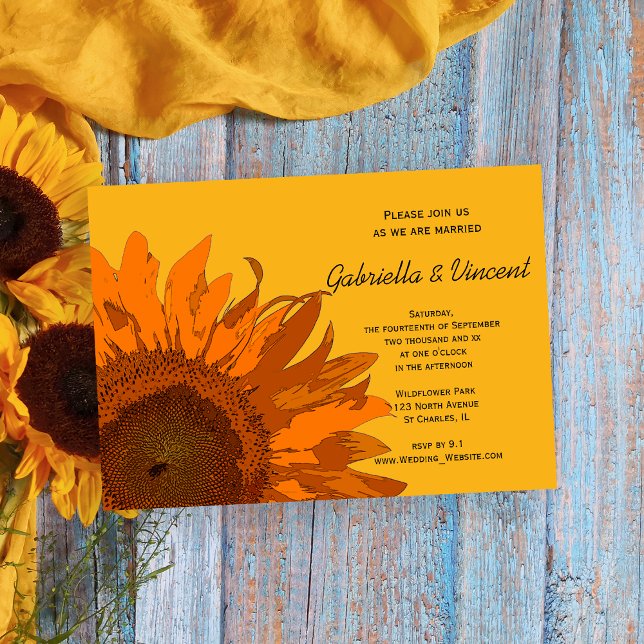 Invitation Tournesol orange sur Mariage jaune (Invite guests to your summer or fall marriage with the Orange Sunflower Wedding Invitation.)