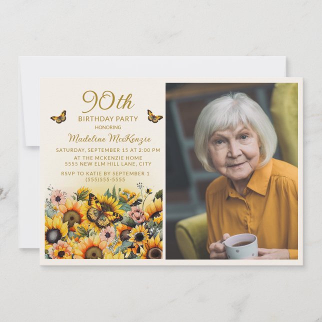 Invitation Tournesol Papillons 90e fête d'anniversaire Photo (Devant)