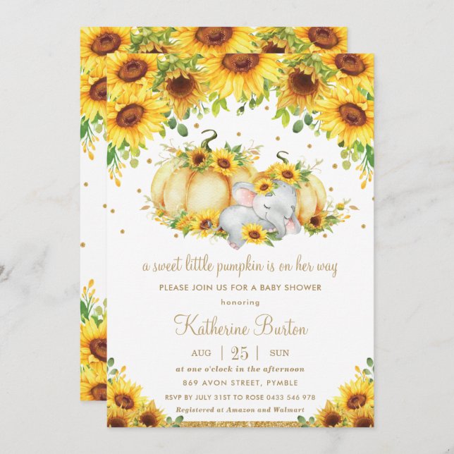 Invitation Tournesol Petit Citrouille Elephant Baby shower fi (Devant / Derrière)
