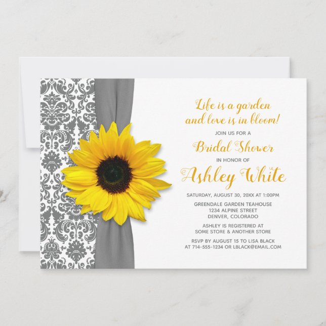 Invitation Tournesol Pewter Grey Damask Fête des mariées Invi (Devant)