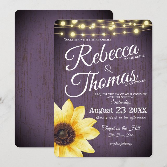 Invitation Tournesol pourpre et éclats Mariage rustique (Devant / Derrière)
