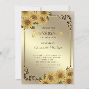 Invitation Tournesol Quinceañera vintage cadre or
