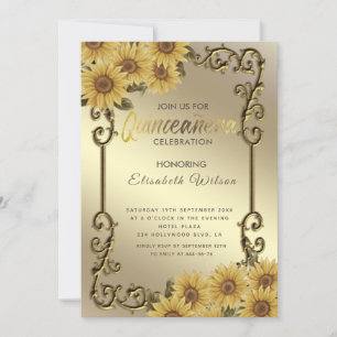 Invitation Tournesol Quinceañera vintage cadre or