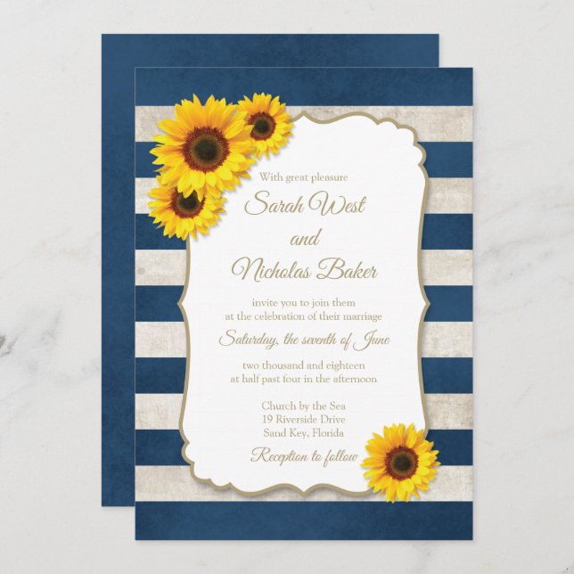 Invitation Tournesol rayures Russe Mariage bleu marine (Devant / Derrière)