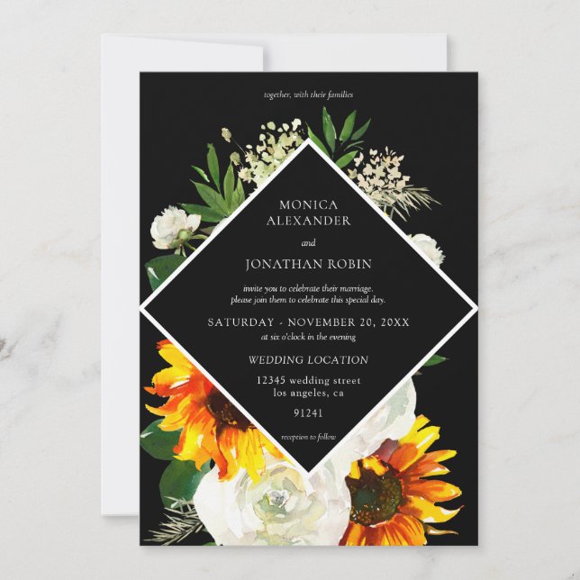 Invitation Tournesol & Rose Blanche Floral Artsy Mariage - No (Devant)